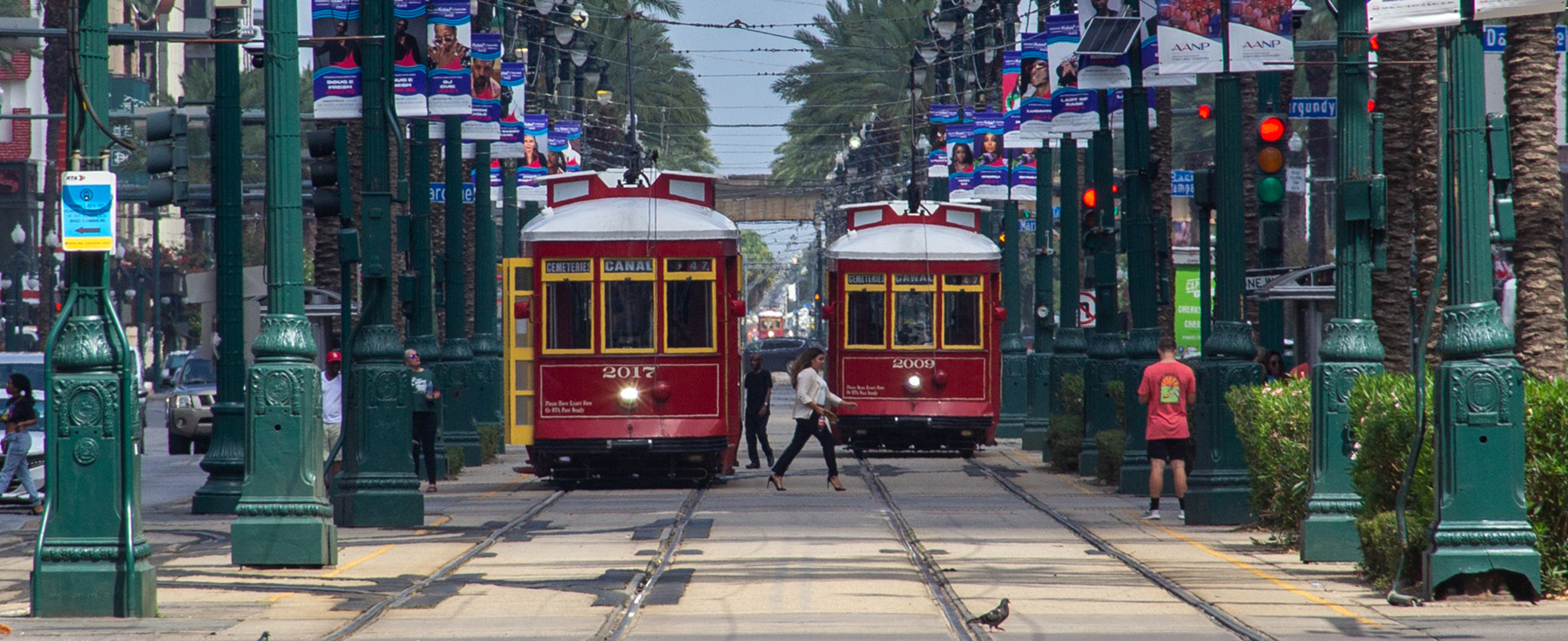 New Orleans streetcars just outside of the towntown area.