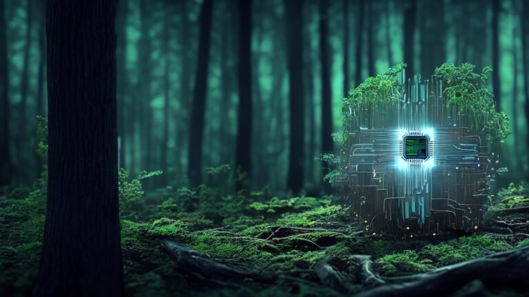 Stock image of a computer microprocessor glowing in a dark forest of evergreen trees.